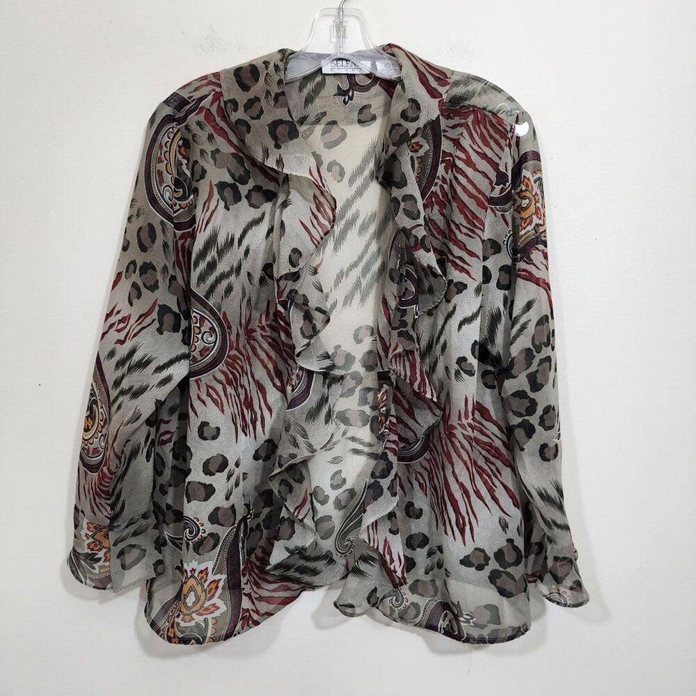 Selene‎ sport vintage semi sheer open ruffle front animal print kimono woman L